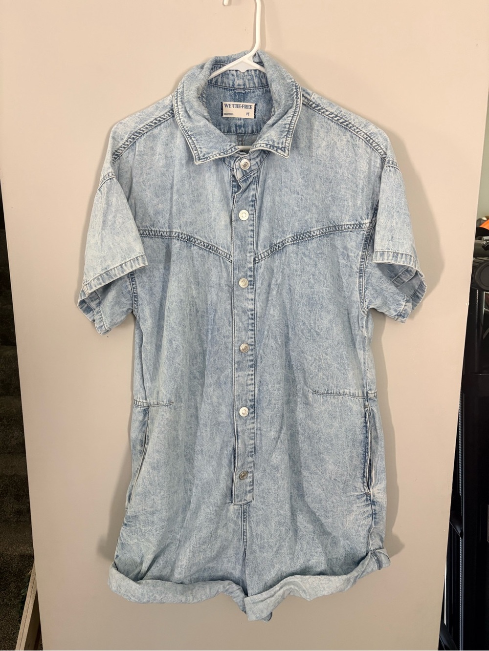 We The Free Light Wash Denim Short Sleeve Button-Up Romper Shirt
